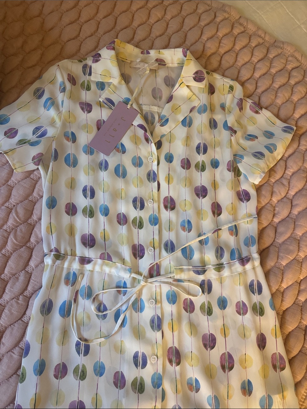 Dot Print Cream Midi Shirt Dress with Blue, Purple & Green Dot Print - Picture 4 of 4